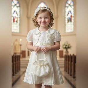 Vintage Baby Baptismal Christening Gown‎ Cardigan Purse Headband Set Ivory Sz 3T